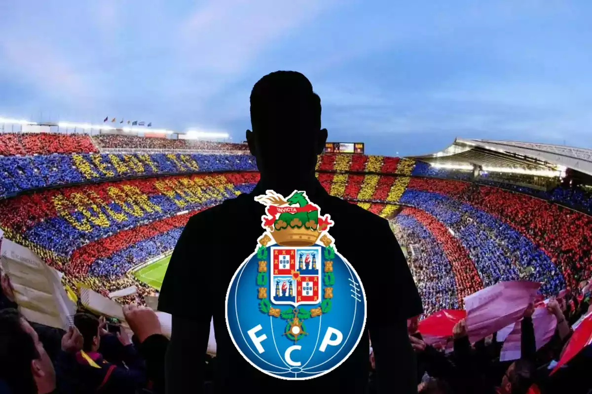 Muntatge amb el Camp Nou, una ombra negra al centre amb l'escut del Porto