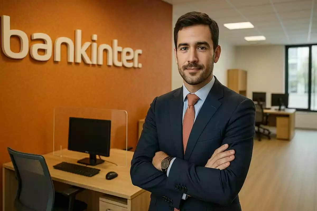 Home de negocis amb vestit i corbata posant amb els braços creuats en una oficina moderna de Bankinter