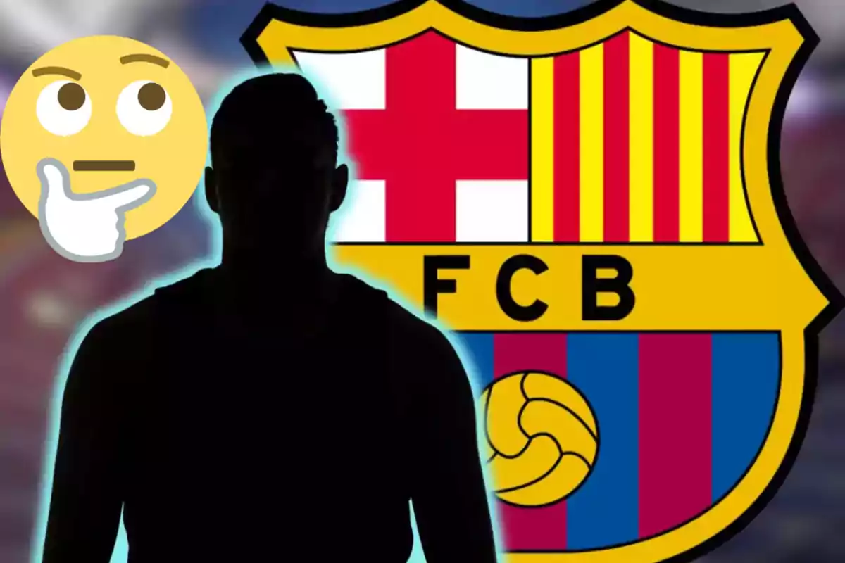 Silhouette of a person in front of the FC Barcelona crest with a thinking face emoji on the left