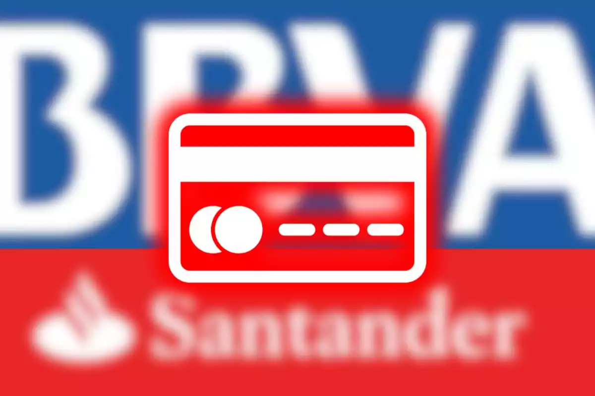 Targeta bancària il·lustrada sobre els logotips desenfocats de BBVA i Santander