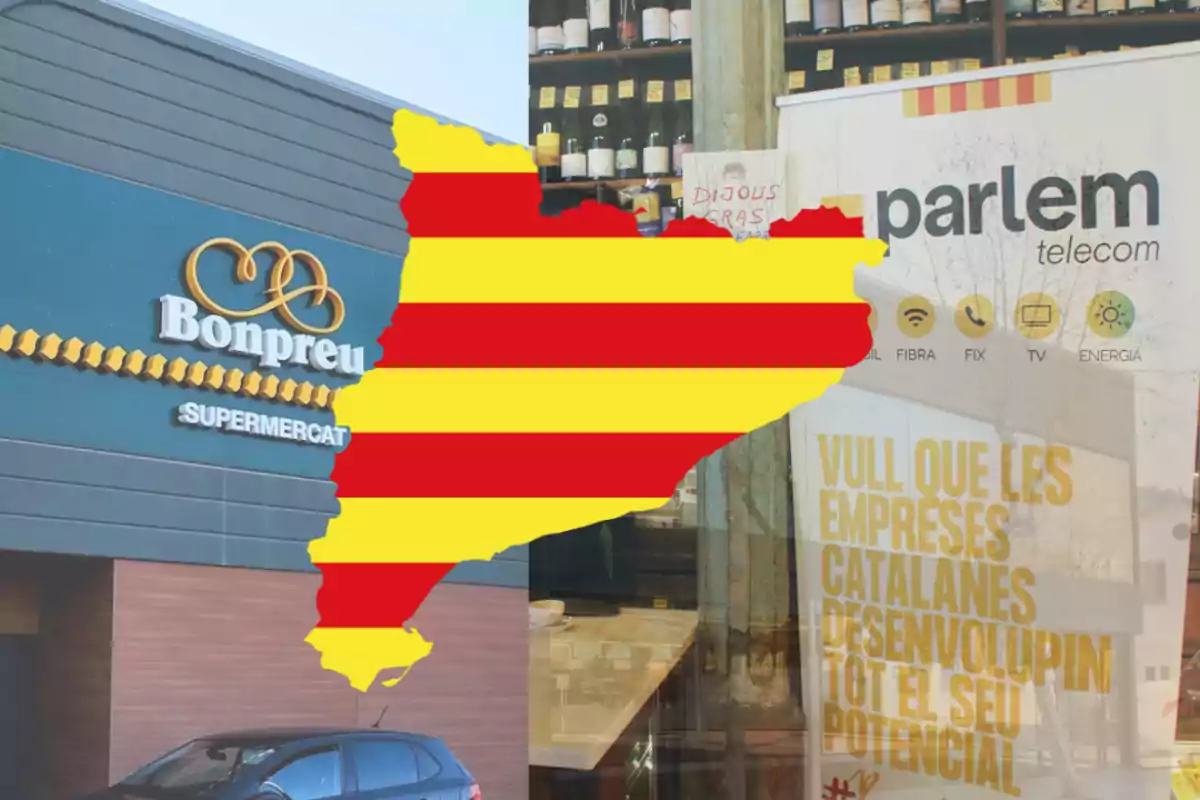 Supermercat Bonpreu i cartell de Parlem Telecom amb la silueta de Catalunya decorada amb la bandera catalana al centre