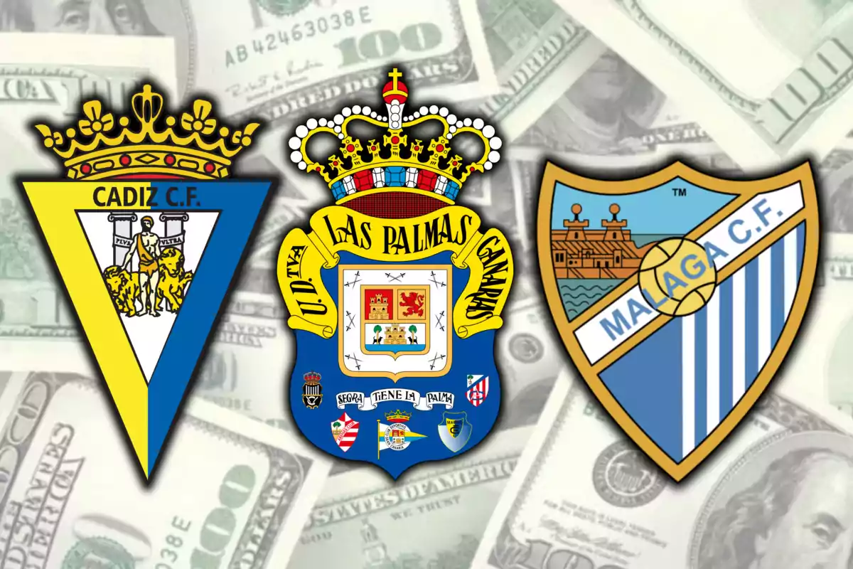 Escuts dels equips Cadis CF, UD Las Palmas i Màlaga CF