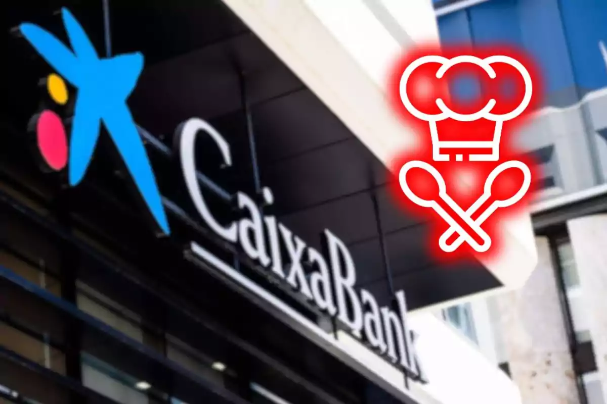Façana d’una sucursal de CaixaBank amb una icona de xef i culleres creuades ressaltada en vermell sobre la imatge