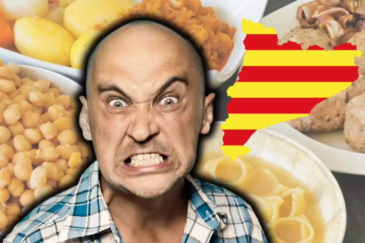 Hombre calvo con expresión de enojo frente a platos de comida y un mapa de Cataluña con franjas rojas y amarillas