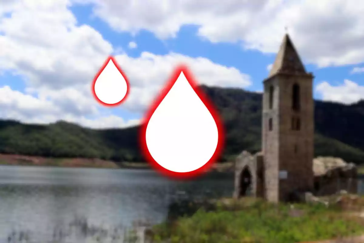 Dues gotes blanques amb vora vermella sobre un paisatge de llac i una església antiga al fons