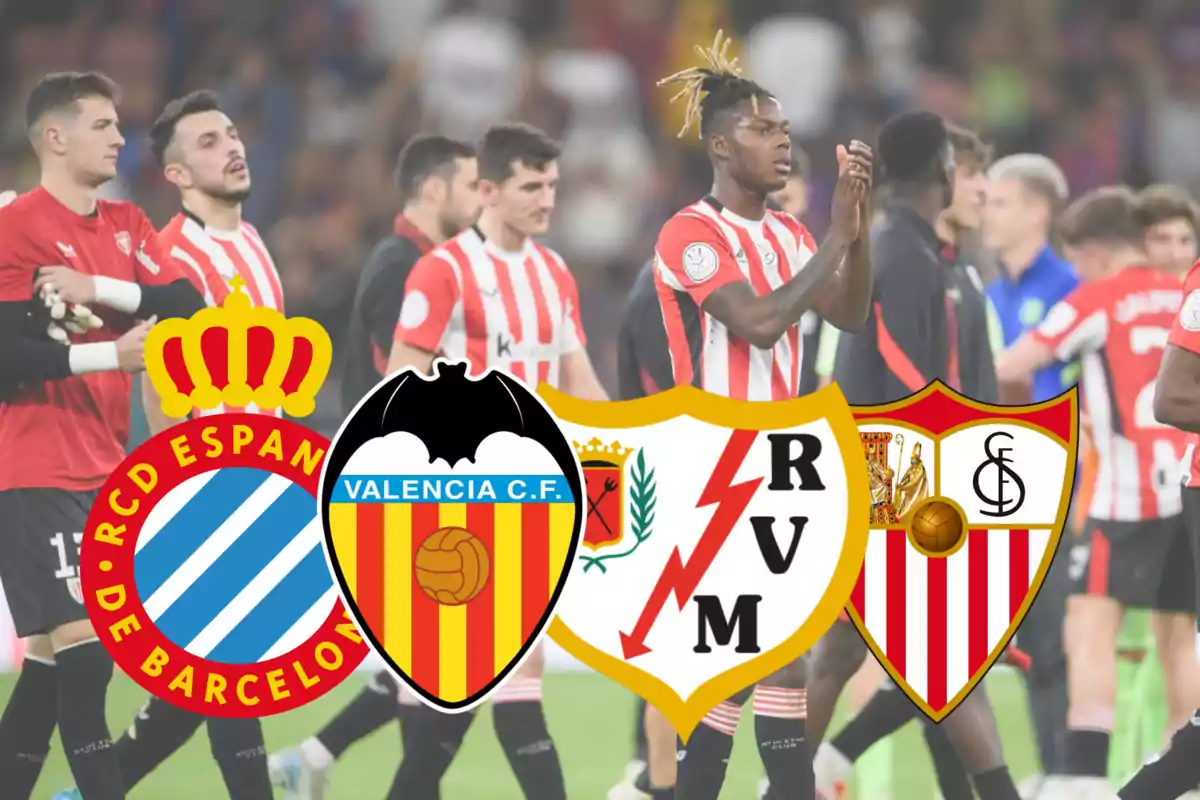 Jugadors de l’Athletic Club al camp amb els escuts de l’Espanyol, València, Rayo Vallecano i Sevilla