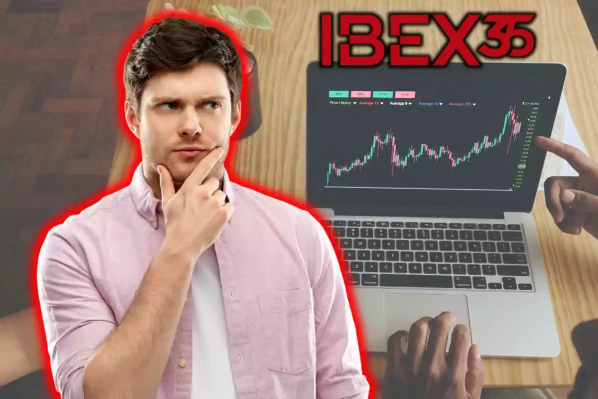 Home pensatiu amb un fons de gràfic financer en un portàtil i el text IBEX 35 en gran