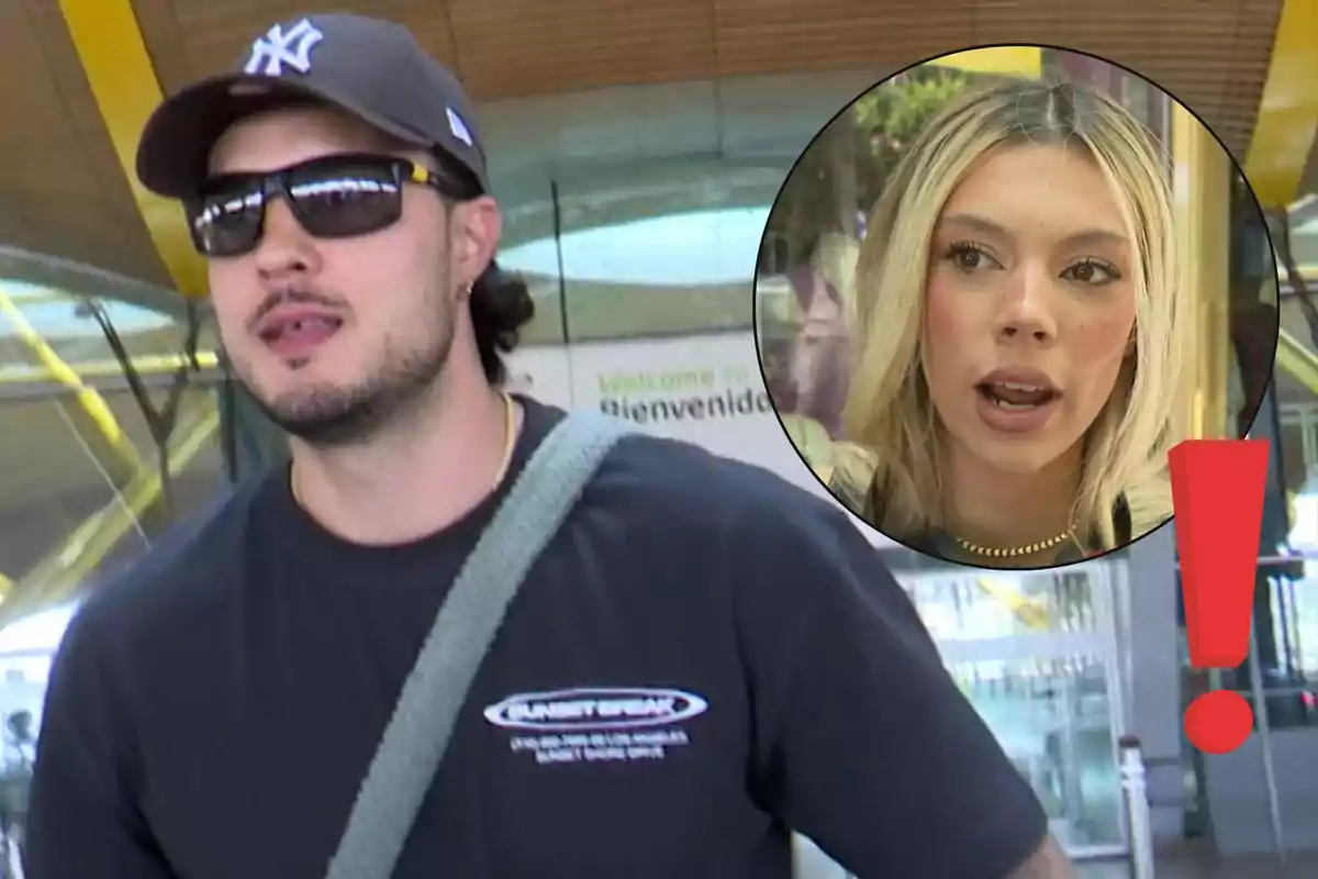 Carlo Costanzia con gorra y gafas oscuras en un aeropuerto con la imagen de Alejandra Rubio en un círculo superpuesto y un signo de exclamación rojo