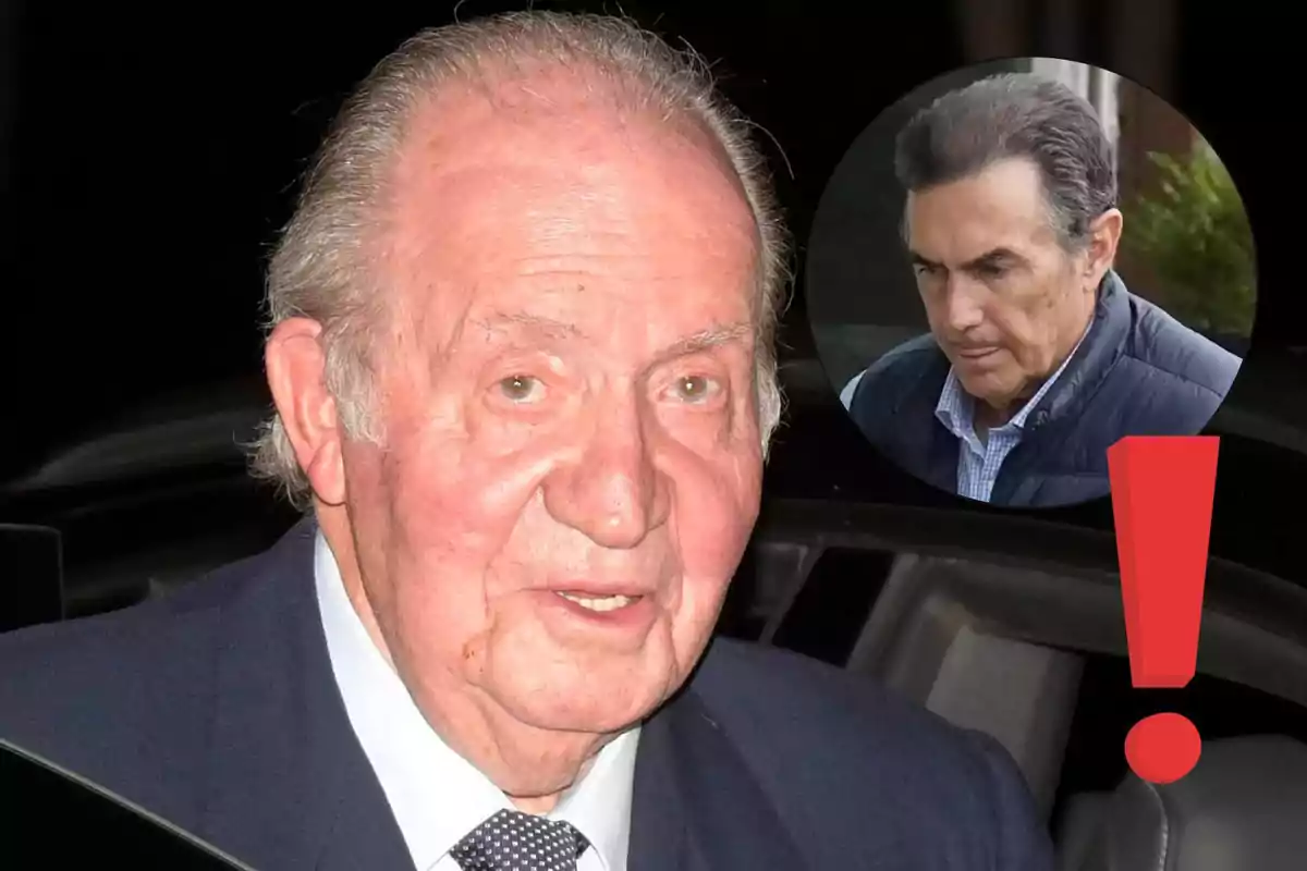 Juan Carlos I mayor de cabello canoso en primer plano con expresión seria y en la esquina superior derecha aparece el rostro de Pedro Campos de cabello oscuro dentro de un círculo junto a un signo de exclamación rojo