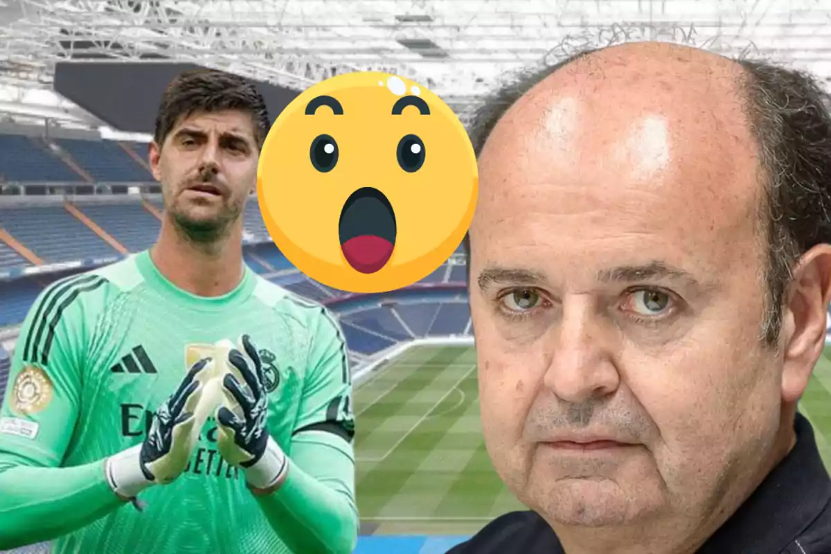 Un porter amb uniforme verd i guants és en un estadi al costat d’un home calb en primer pla i un emoji de cara sorpresa entre ells.
