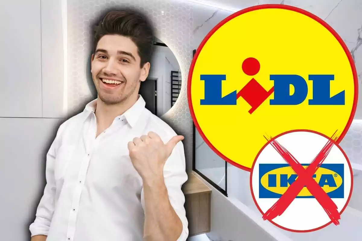 Smiling man pointing at the Lidl logo while the Ikea logo appears crossed out
