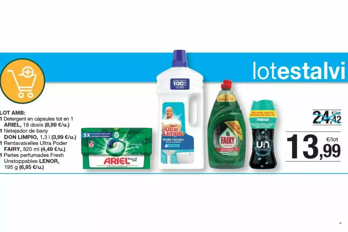 Imatge d’un lot de productes de neteja que inclou càpsules de detergent Ariel, netejador Don Limpio, rentavaixelles Fairy i perles perfumades Lenor, amb un preu promocional de 13,99 euros. Imatge d’un lot de productes de neteja que inclou càpsules de detergent Ariel, netejador Don Limpio, rentavaixelles Fairy i perles perfumades Lenor, amb un preu promocional de 13,99 euros.