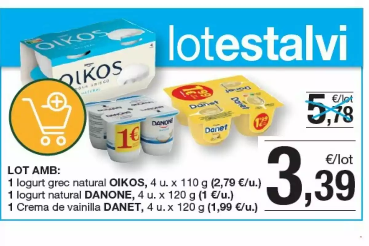 Oferta de un lote de yogures y crema de vainilla de las marcas Oikos, Danone y Danet con precio rebajado a 3,39 euros por lote Oferta de un lote de yogures y crema de vainilla de las marcas Oikos, Danone y Danet con precio rebajado a 3,39 euros por lote