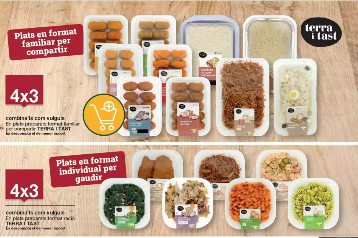 Promoción de platos preparados Terra i Tast en envases familiares e individuales con oferta 4x3 sobre una mesa de madera