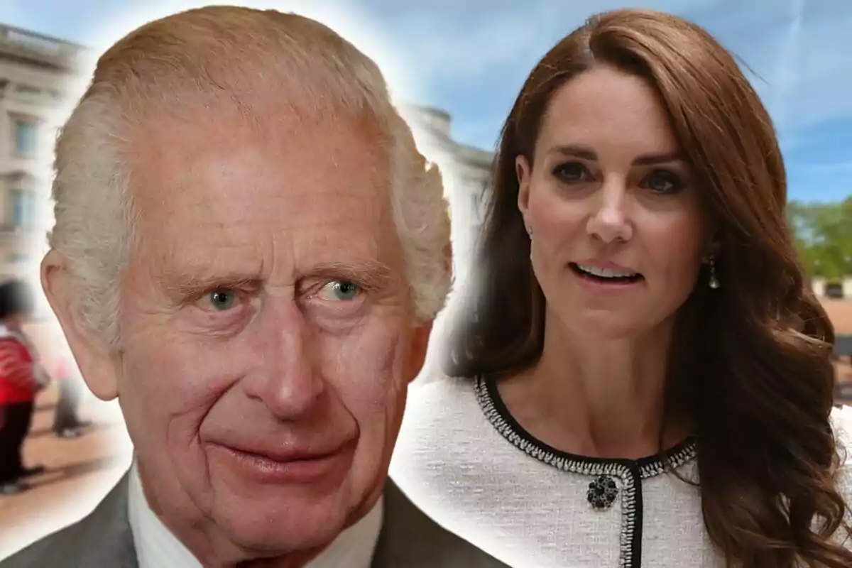 Muntatge de fotos en primer pla de Carles III i Kate Middleton amb el Palau de Buckingham de fons.