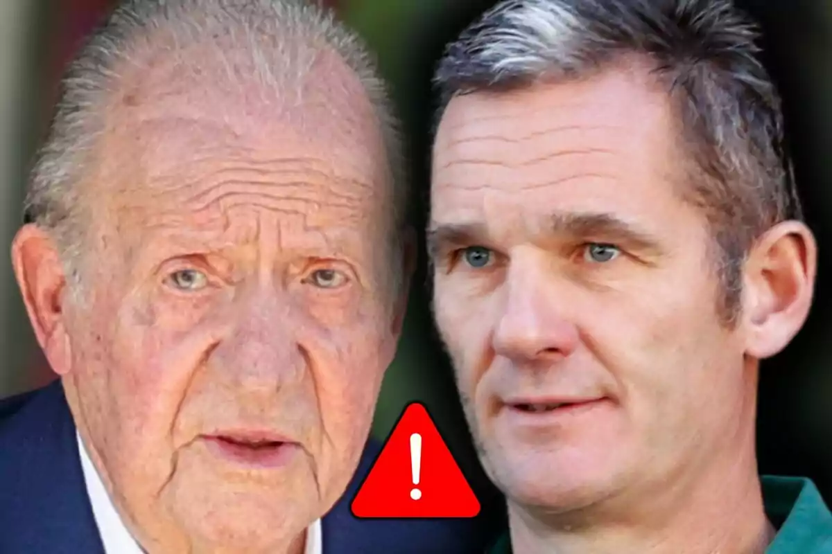 Close-up photo montage of Juan Carlos I and Iñaki Urdangarin with a red warning symbol between them.