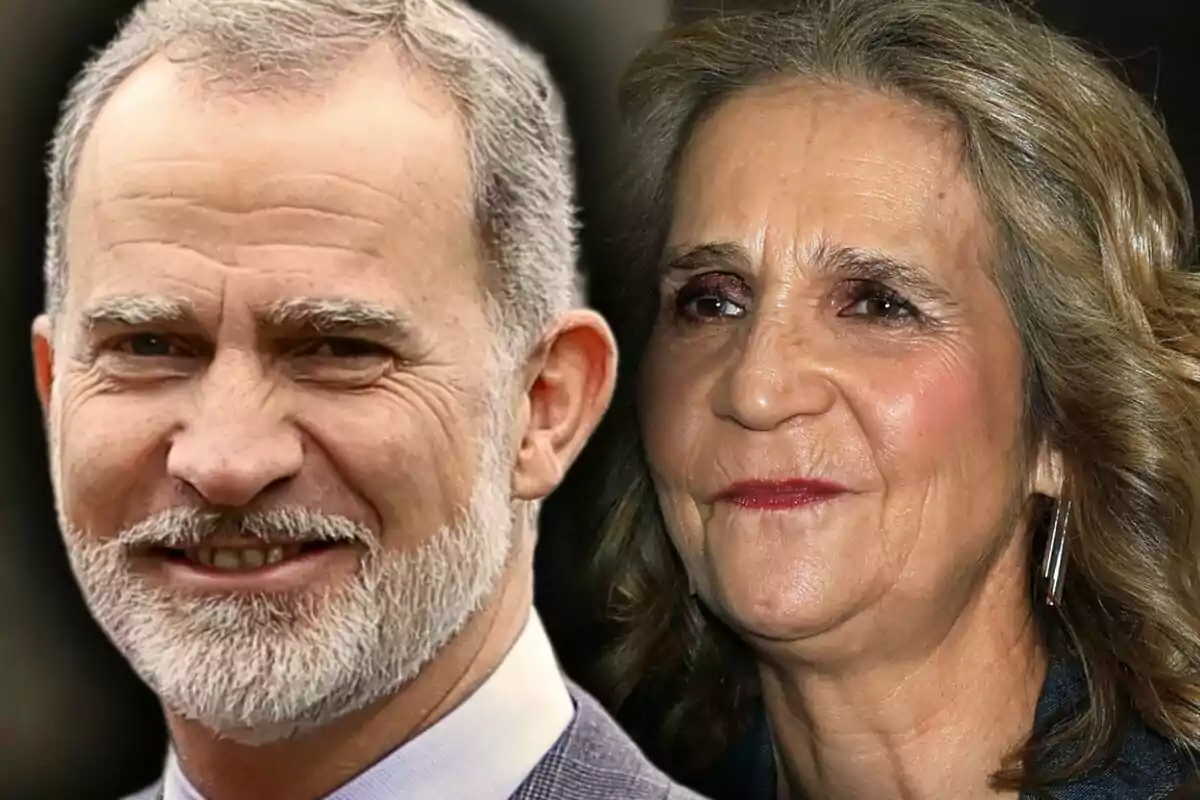 Photo montage of King Felipe of Bourbon and Infanta Elena, both in the foreground and smiling.