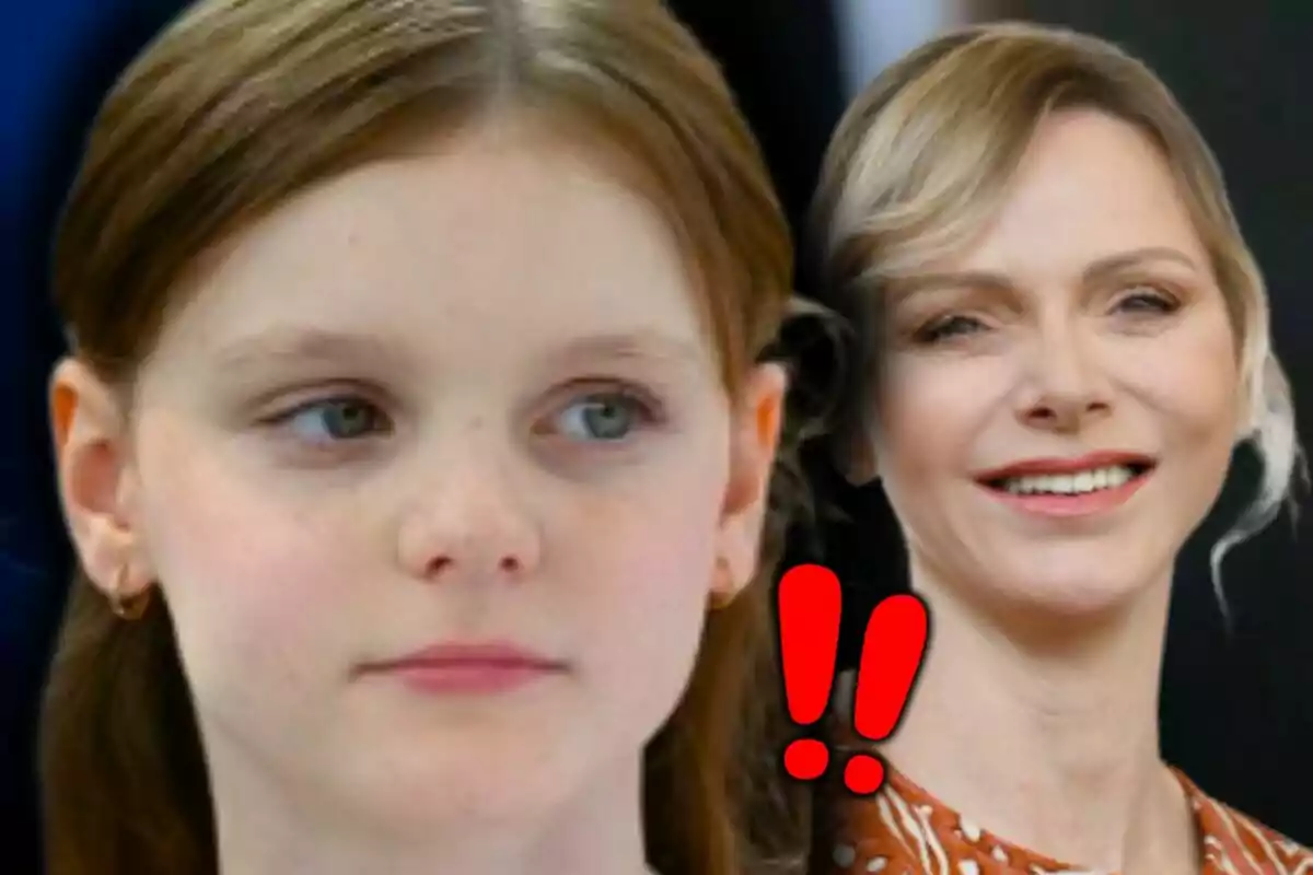 Close-up photo montage of Princess Gabriella and Charlene of Monaco, with two red exclamation marks appearing in the center of the image.