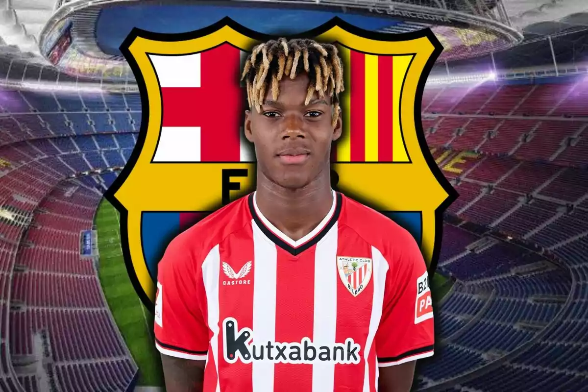 Futbolista de l’Athletic Club amb l’estadi del Barcelona i l’escut del club català de fons