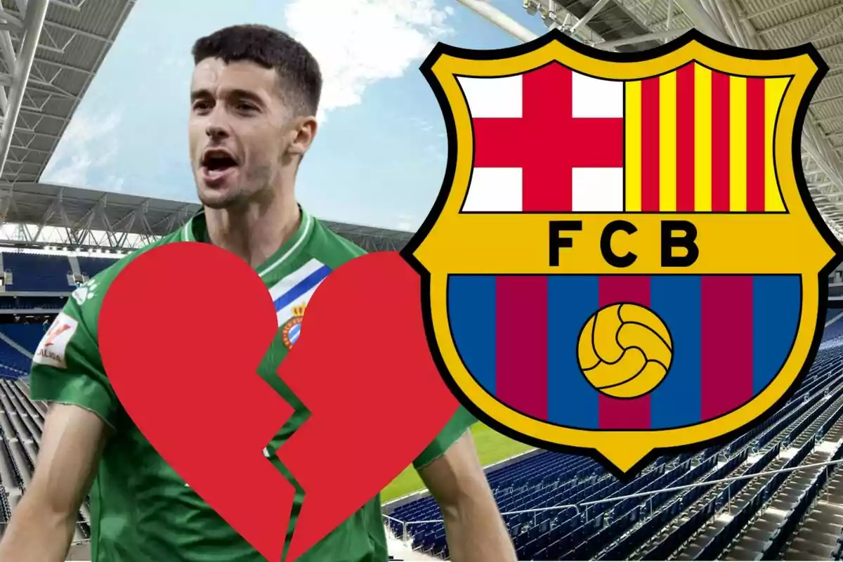 Futbolista amb samarreta verda i un cor trencat davant de l’escut del FC Barcelona en un estadi