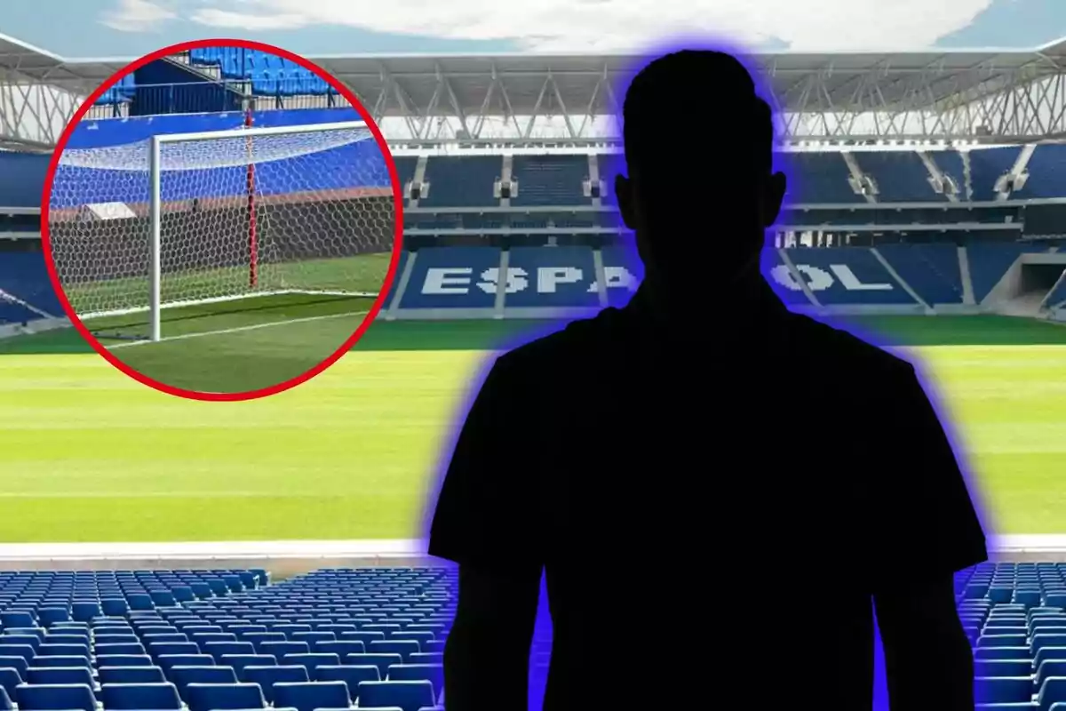 Silueta d’una persona davant de les grades d’un estadi de futbol amb un cercle vermell ressaltant una porteria