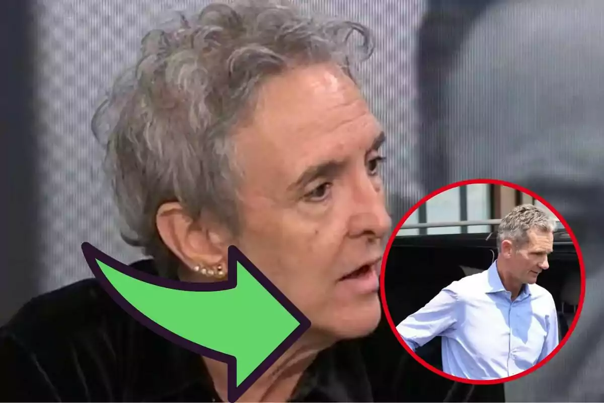 Persona de cabells canosos parlant en primer pla amb una fletxa verda que assenyala cap a un requadre on apareix un home amb camisa blava