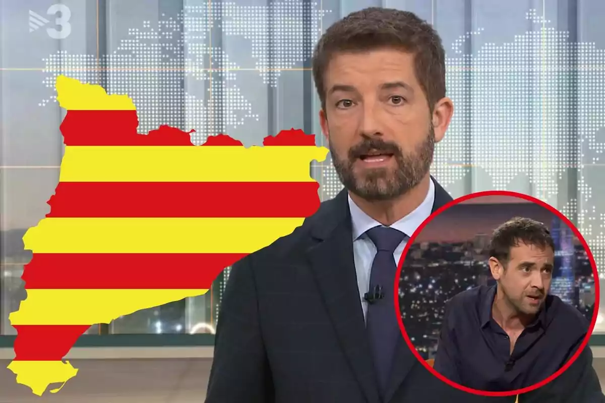 Presentador de notícies amb un mapa de Catalunya amb franges vermelles i grogues al fons i un requadre amb un altre home a la cantonada inferior dreta
