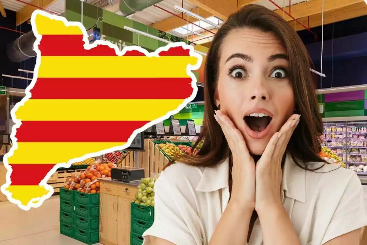 Dona sorpresa en un supermercat amb un mapa de Catalunya amb franges vermelles i grogues al fons