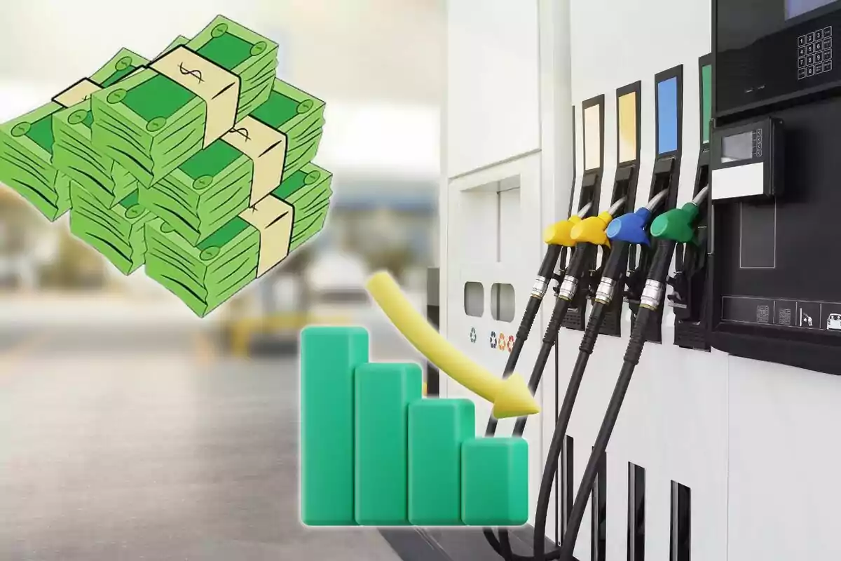 Ilustración de una gasolinera con fajos de billetes y una gráfica descendente con flecha amarilla que sugiere una baja en los precios del combustible