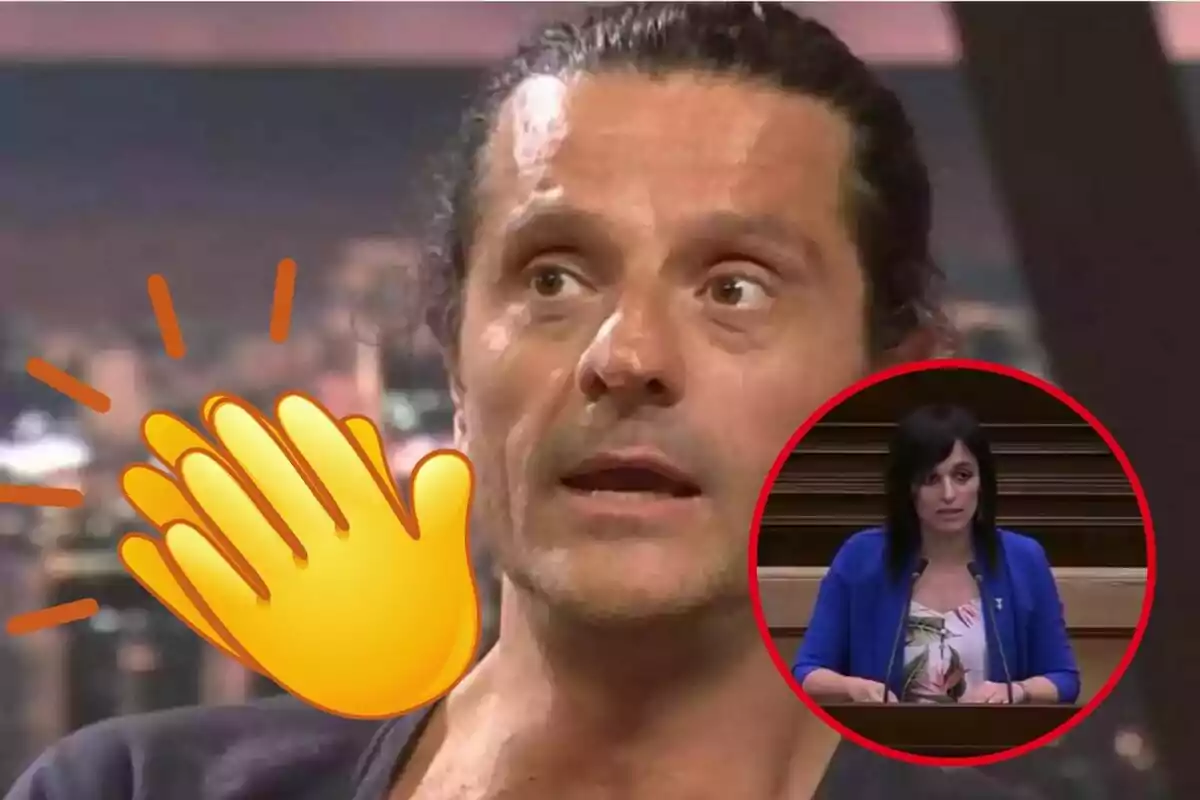 Home de cabells llargs amb expressió seriosa, un emoji d’aplaudiments i una dona parlant en un faristol dins d’un cercle vermell