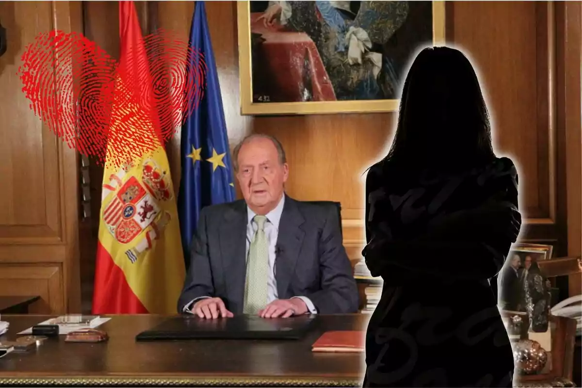 Home gran amb vestit assegut en un despatx oficial amb banderes d’Espanya i de la Unió Europea al darrere, un cor vermell fet d’empremtes digitals a l’esquerra i la silueta d’una dona en ombra a la dreta.
