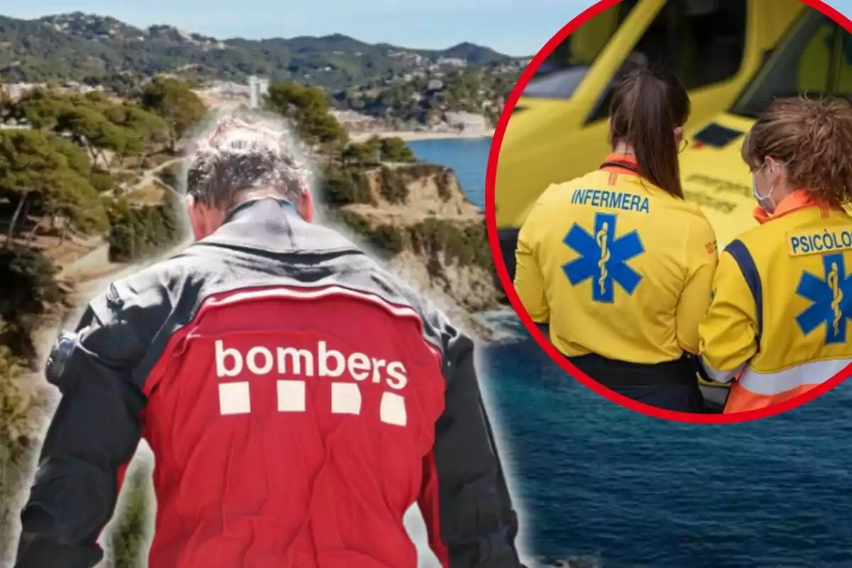 Un bomber d’esquena amb un paisatge de costa al fons i un requadre on apareixen una infermera i una psicòloga d’emergències d’esquena al costat d’una ambulància