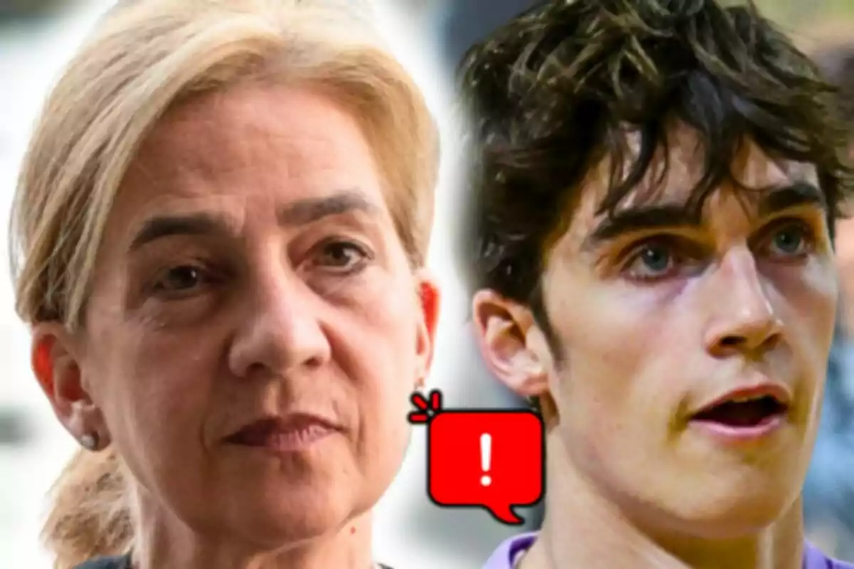 Montaje de fotos de primer plano de Pablo Urdangarin y la infanta Cristina, ambos con expresiones serias y un ícono de advertencia rojo entre ellas.