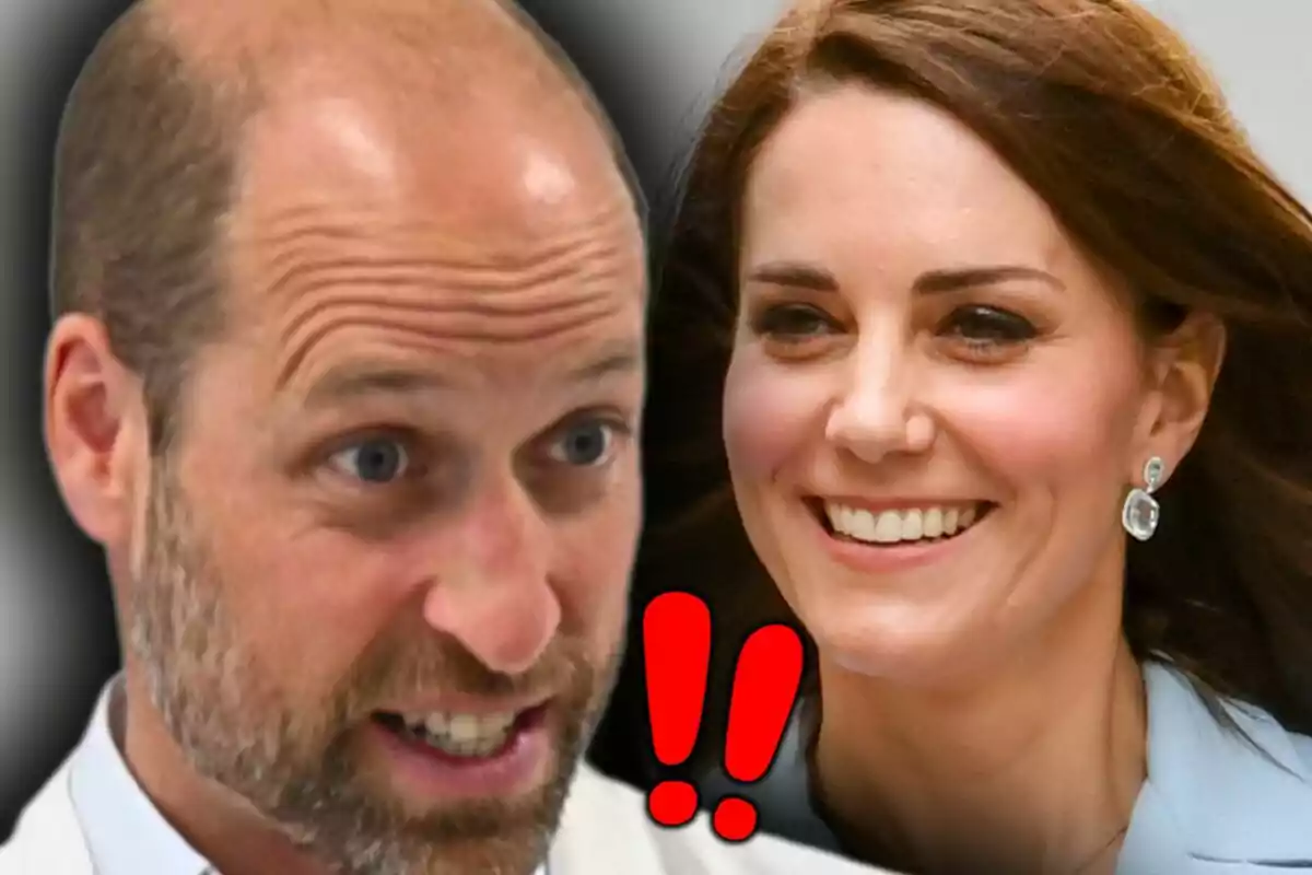 Close-up photo montage of Kate Middleton and Prince William with two red exclamation marks between them.