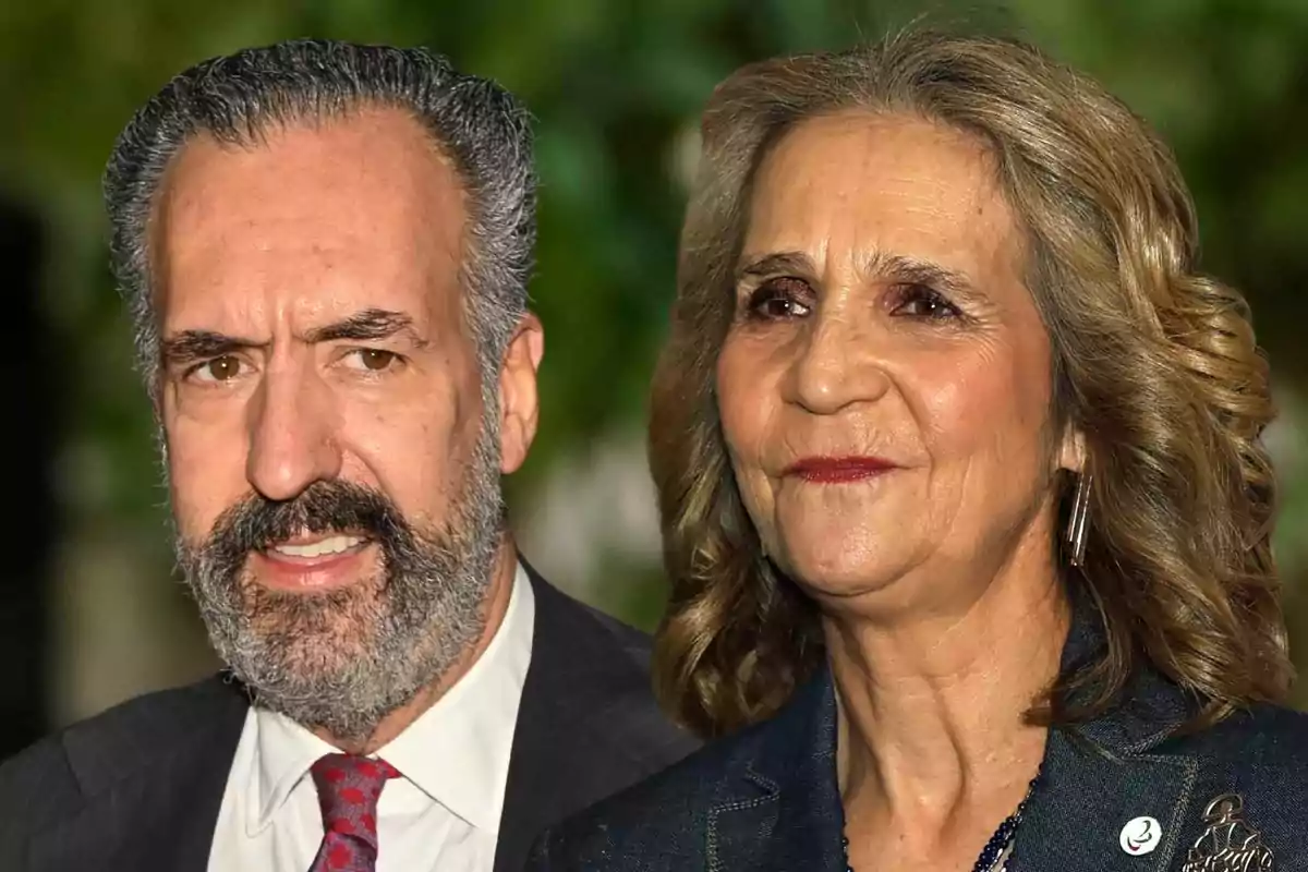 Jaime de Marichalar con traje oscuro y corbata roja junto a la infanta Elena con chaqueta azul, ambos mirando al frente con expresión seria