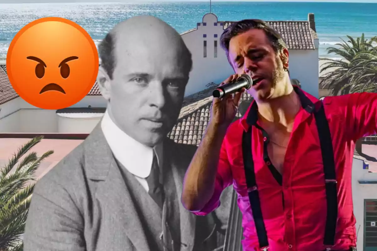 Un home d’època en blanc i negre al costat d’un cantant modern amb camisa vermella i tirants, un emoji d’enuig i una casa davant del mar de fons