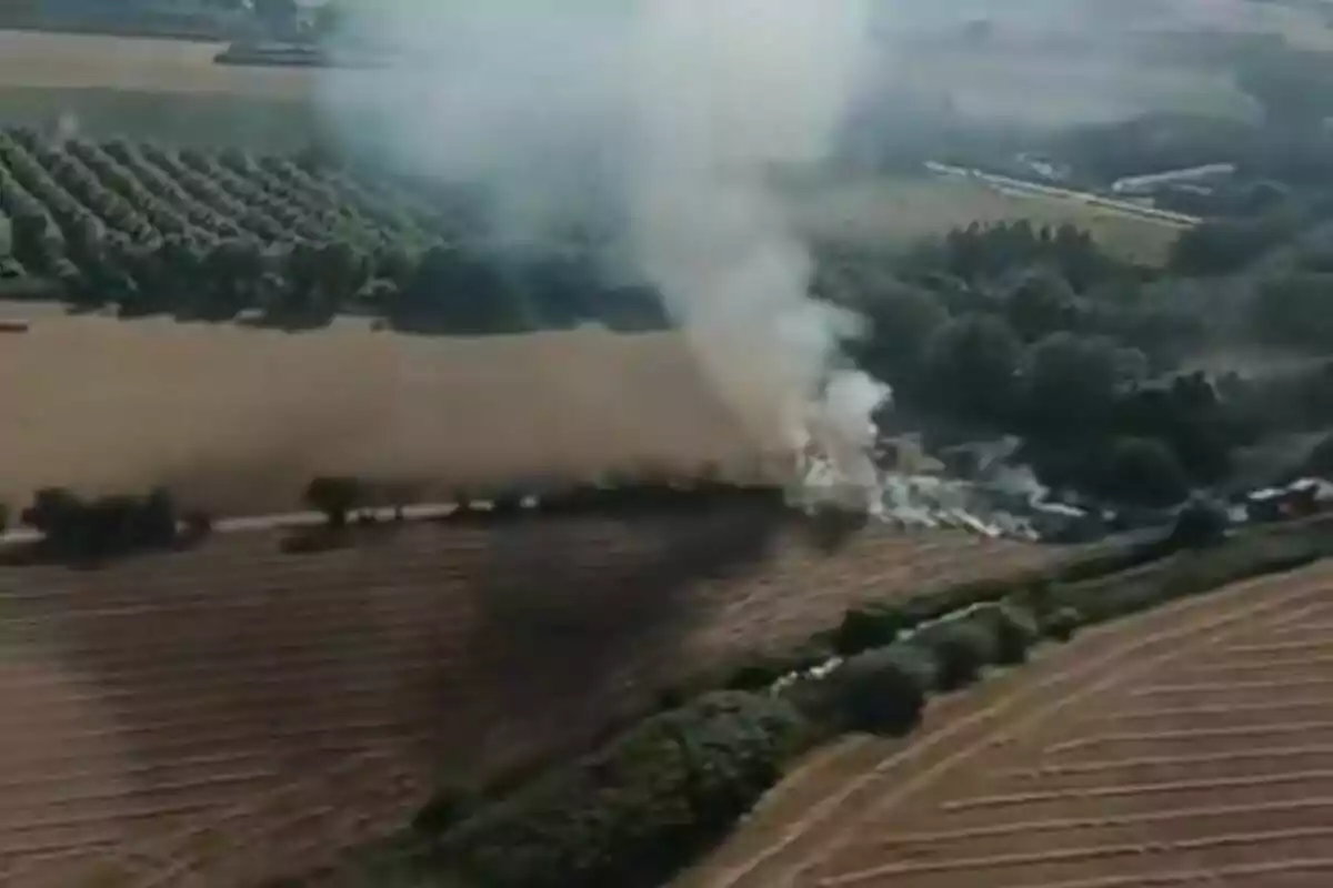 Fum blanc s’eleva des d’un camp agrícola envoltat d’arbres i conreus