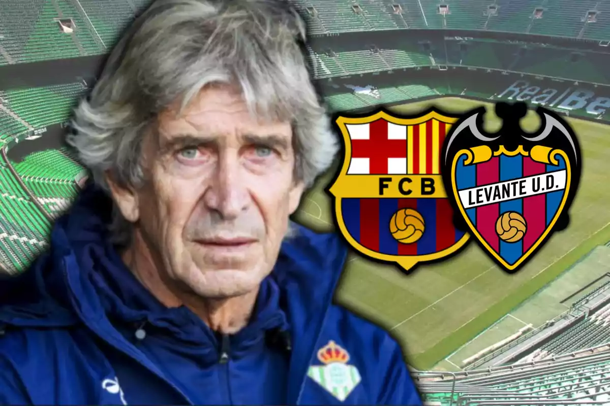 Manuel Pellegrini i els escuts del Barça i el Llevant