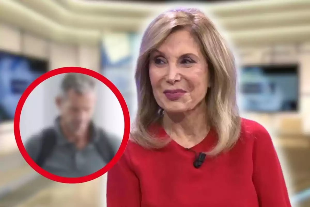 Dona de cabells rossos i vestit vermell en un estudi de televisió amb un cercle vermell que ressalta un home desenfocat al fons
