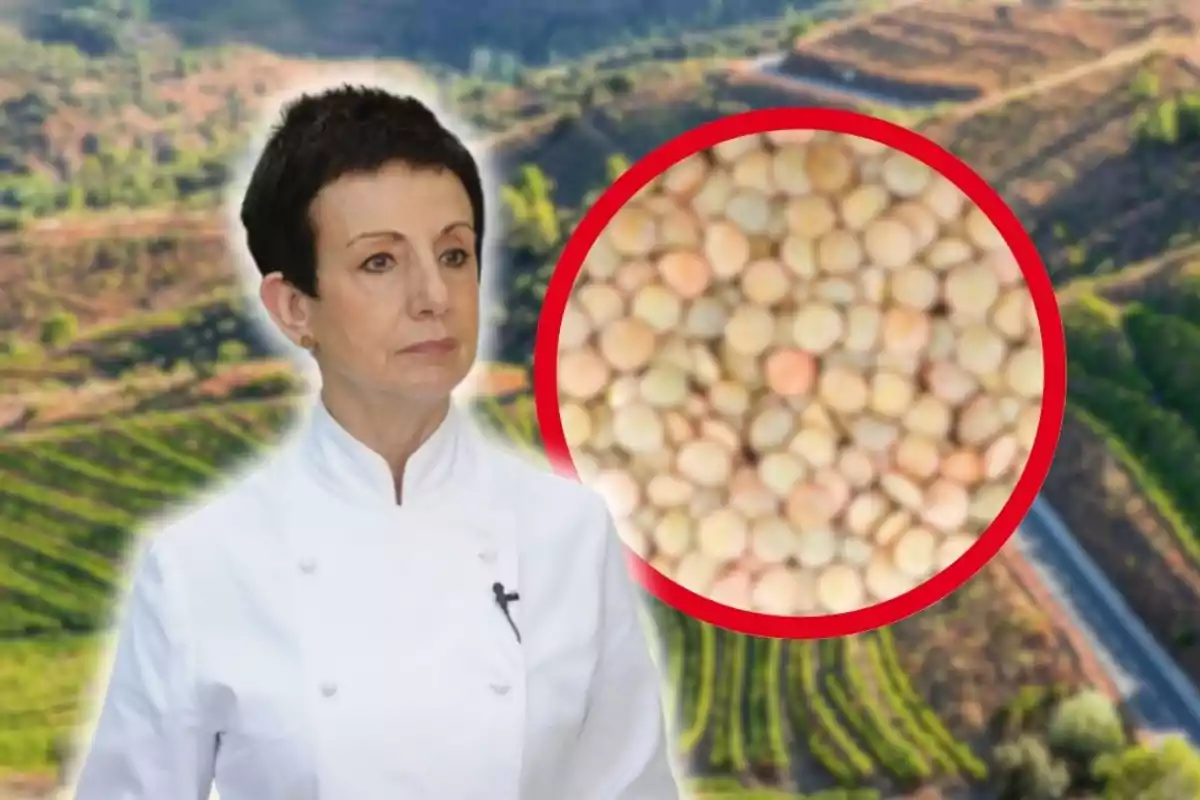 Xef amb jaqueta blanca davant d’un camp amb un cercle que mostra un primer pla de llegums