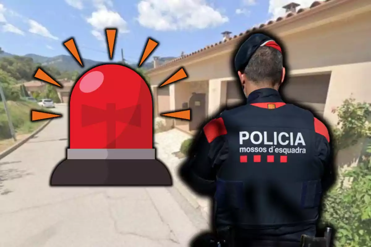 Policia d’esquena amb uniforme de Mossos d’Esquadra davant d’una casa i una sirena vermella dibuixada en primer pla