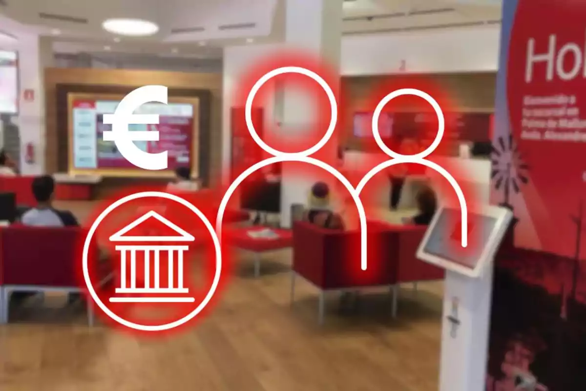 Persones assegudes a la sala d’espera d’un banc amb icones de persones, un símbol d’euro i un edifici bancari superposats a la imatge