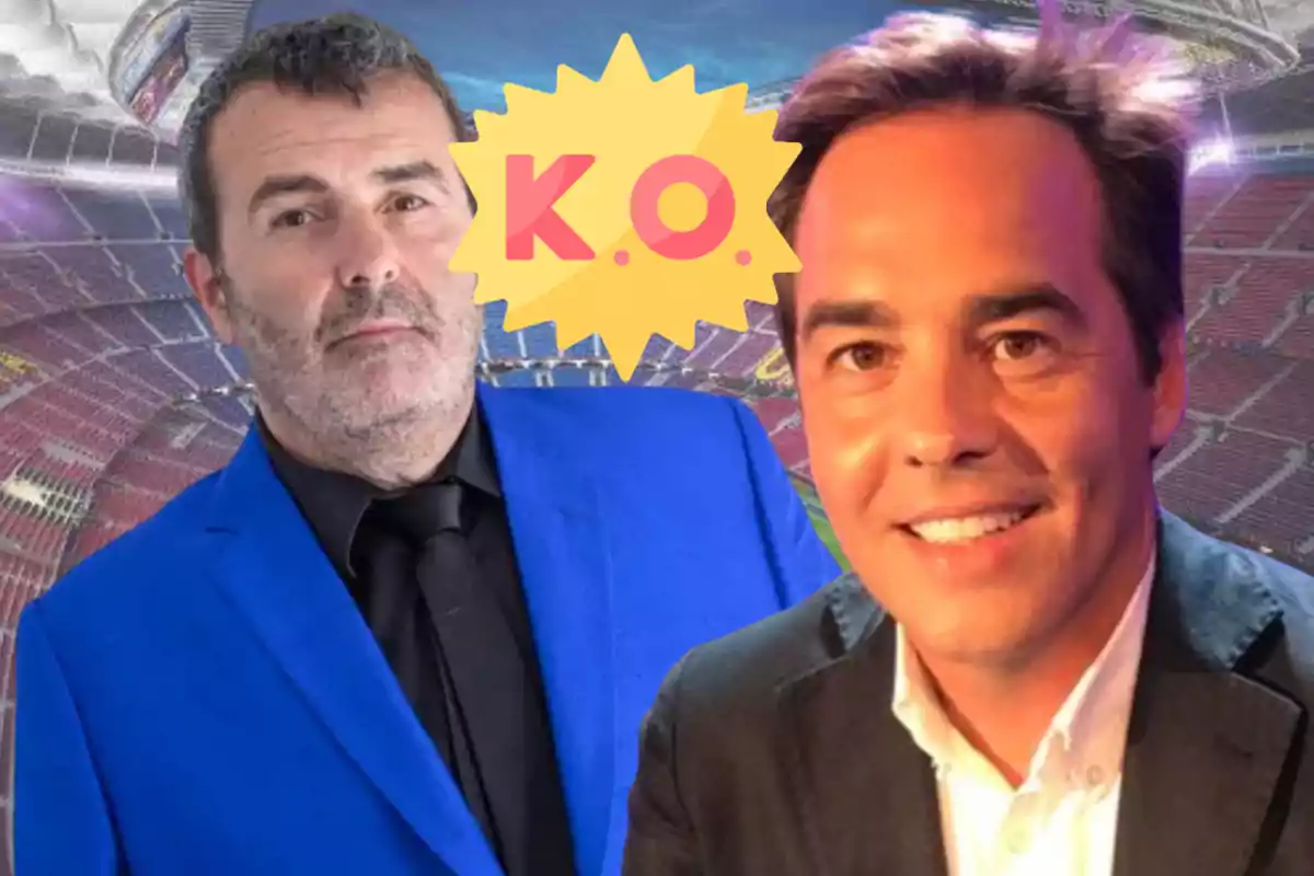 Dos homes amb vestit posen davant d’un estadi de futbol i al centre hi ha un gràfic groc amb les lletres K.O.