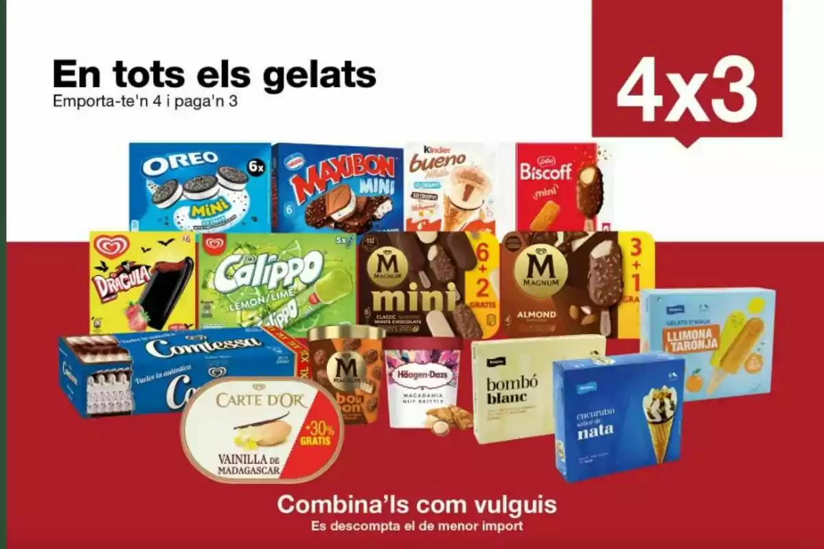 Promoció de gelats de diferents marques i sabors amb oferta de 4x3 sobre un fons vermell i blanc Promoció de gelats de diferents marques i sabors amb oferta de 4x3 sobre un fons vermell i blanc