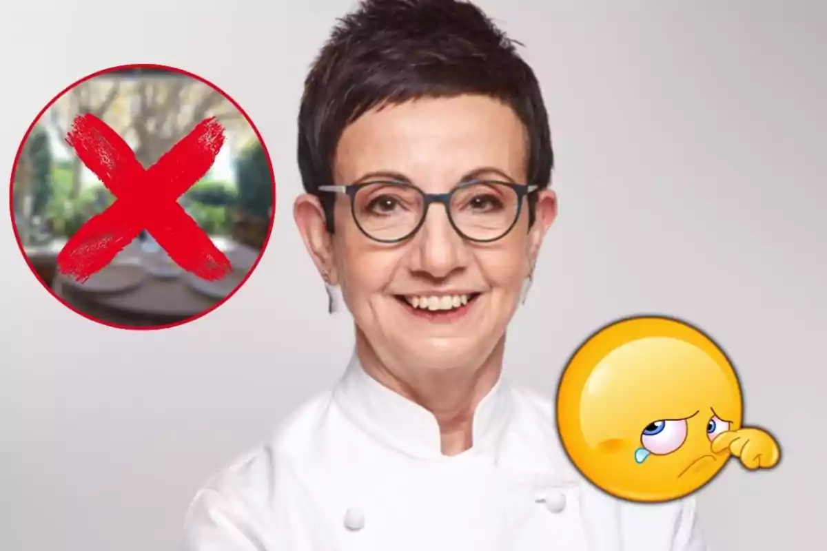Xef amb ulleres somriu mentre al seu costat apareix un emoji trist i un cercle amb una creu vermella sobre una imatge borrosa d’un restaurant.