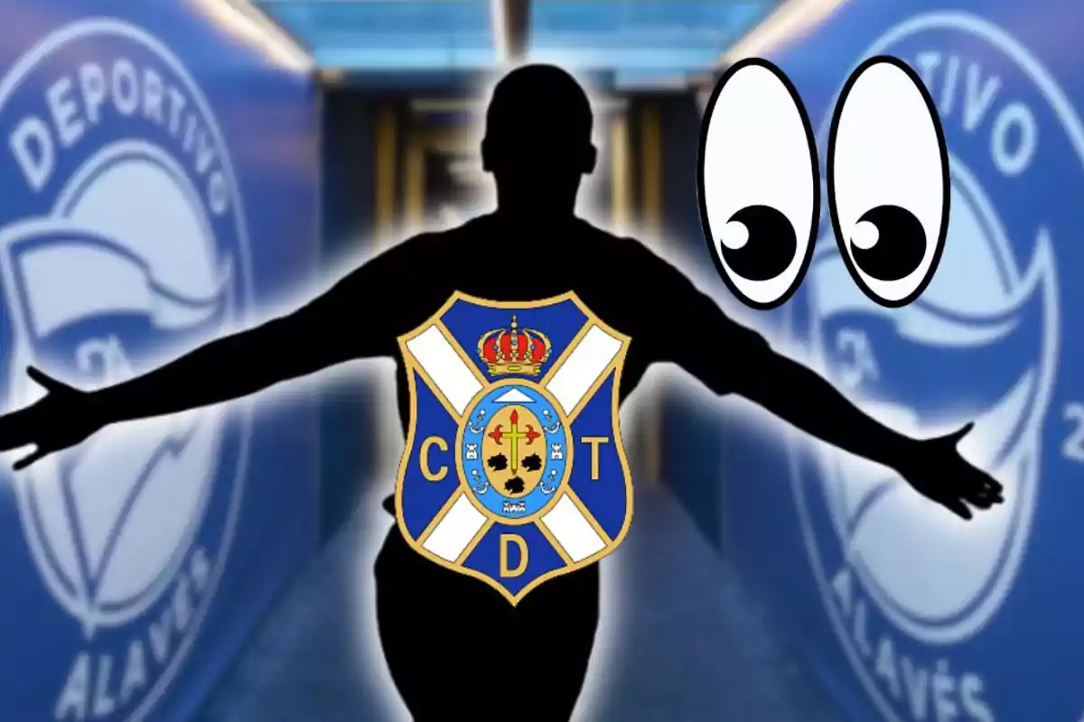 Silueta de una persona con el escudo del Club Deportivo Tenerife en el pecho, fondo con logotipos del Deportivo Alavés y unos ojos de caricatura observando