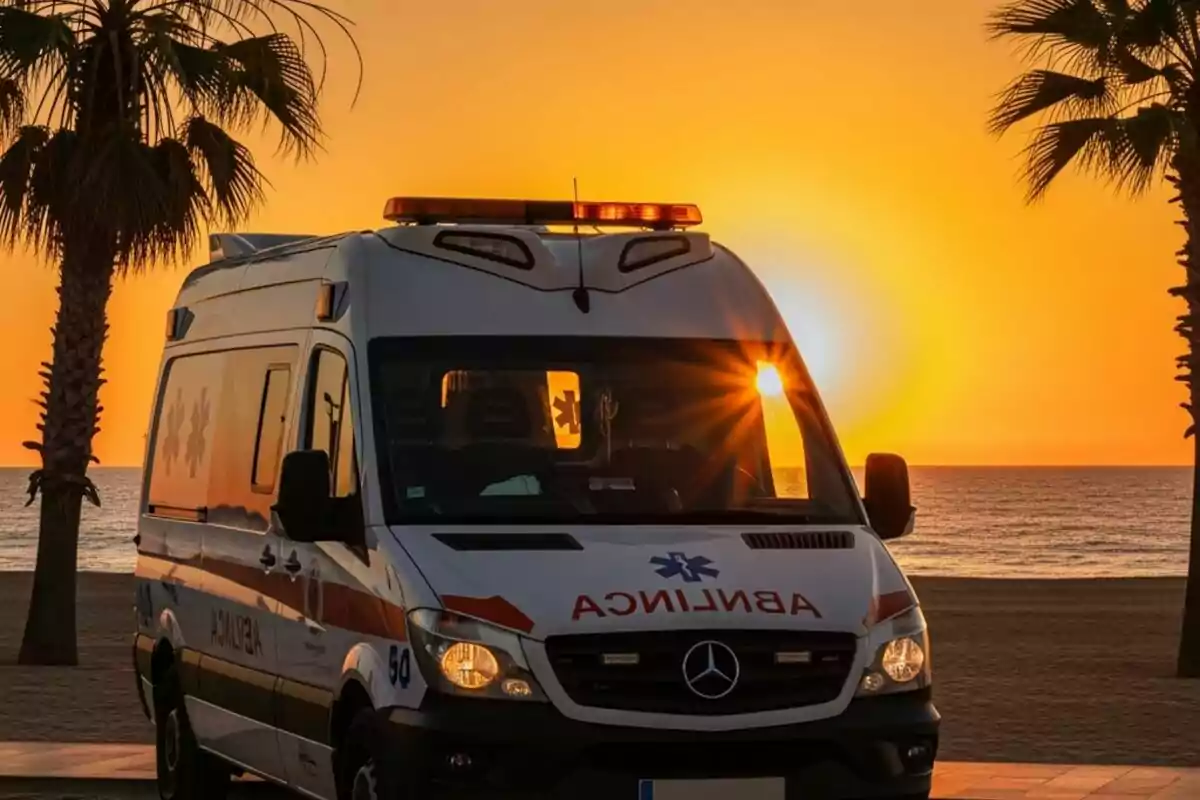 Ambulancia estacionada junto a la playa al atardecer con palmeras y el sol reflejándose en el parabrisas Ambulancia estacionada junto a la playa al atardecer con palmeras y el sol reflejándose en el parabrisas