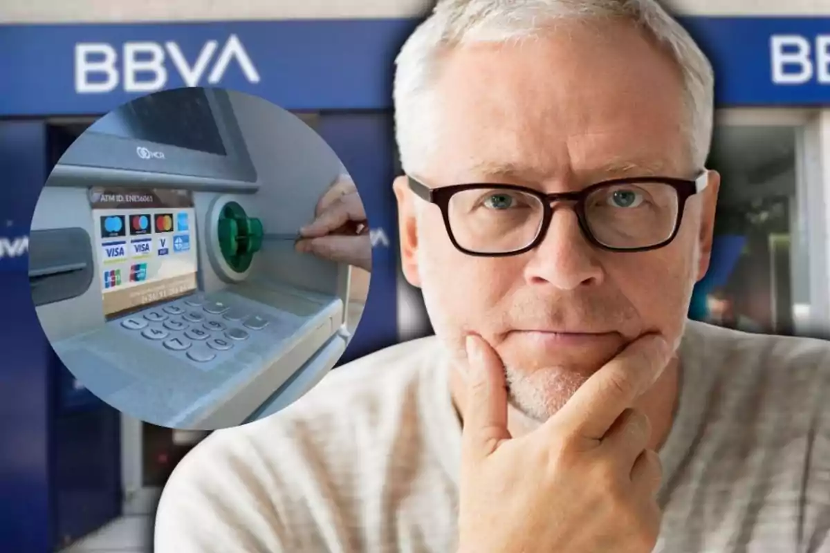 Hombre pensativo con gafas frente a un cajero automático de BBVA y un recuadro mostrando una mano insertando una tarjeta en el cajero Hombre pensativo con gafas frente a un cajero automático de BBVA y un recuadro mostrando una mano insertando una tarjeta en el cajero