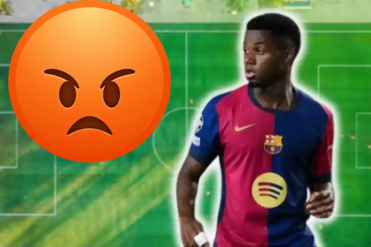 Futbolista con uniforme del Barcelona junto a un emoji de enojo sobre un campo de fútbol