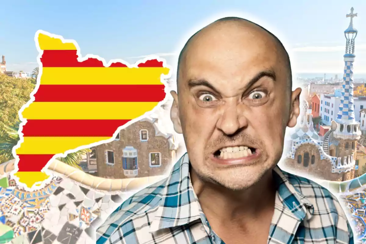 Hombre calvo con expresión de enojo frente a un fondo de Barcelona y un mapa de Cataluña con la bandera catalana Hombre calvo con expresión de enojo frente a un fondo de Barcelona y un mapa de Cataluña con la bandera catalana